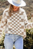 Khaki Checkered Print Drop Shoulder Round Neck Sweater