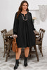 Black Plus Size Notched Neck Leopard Trim Flounce Long Sleeve Shift Dress