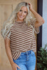 Brown Stripe Textured Side Slits Crew Neck T Shirt
