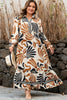 White Plus Size Abstract Print Contrast Collar Split Neck Shift Long Dress