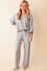 Gray V Neck Leopard Long Sleeve Top Striped Webbing Patchwork Drawstring Pant Set