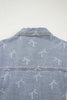 Sky Blue Bow Knot Print Light Wash Raw Hem Denim Jacket
