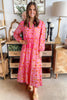Pink Floral Long Sleeve Tassel Tied V Neck Maxi Dress