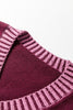 Burgundy Contrast Trim V Neck Cuffed Short Sleeve Loose Sweater