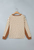 Brown Stripe Textured Knit Color Block Trim Long Sleeve Round Neck Top