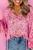 Pink Floral Puff Sleeve Split Neck Lightweight Blouse