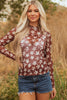 Red Mesh Star Print Mock Neck Sheath Long Sleeve Top