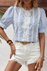 Sky Blue Stripe Floral Lace Splicing Puff Sleeve Blouse