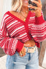 Red Geometric Striped Pattern V Neck Button Front Casual Knit Cardigan