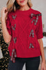 Black Plaid Lace up Detail Christmas Holiday Puff Short Sleeve Sweater