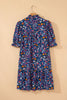 Blue Wild Daisy Floral Split Neck Short Puff Sleeve Mini Dress