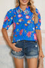 Blue Floral Short Puff Sleeve Button Up Shirt