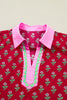 Red Floral Print Contrasted V Neck Short Bubble Sleeve Mini Dress