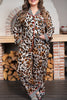 Khaki Plus Leopard Print Contrast Piping Striped Patchwork 2pcs Long Pajama Set