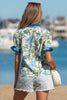 Beige Floral Print Contrasted Frilled Striped Trim Short Sleeve Blouse