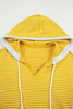 Yellow Stripe Color Block Drawstring V Neck Loose Fit Hooded Top