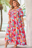 Rose Abstract Printed Puff Sleeve Square Neck Smocked Bust Tied Back Plus Size Dress