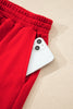 Red Plaid Patchwork Long Sleeve Top Solid Drawstring Shorts Set