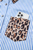 Sky Blue Striped Leopard Print Patchwork Button Up Womens Shirt