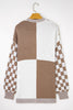 Brown Checkered Bubble Sleeve Drop Shoulder Open Cardigan