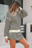 Black Stripe Textured Drop Shoulder Pullover Top Drawstring Mini Skirt Two Piece Dress Set