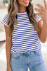 Blue Stripe Contrast Trim Round Neck Cap Sleeve Tee