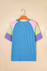 Blue Twisted Ribbed Color Block Patchwork Henley Short Sleeve T Shirt