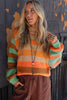 Orange Stripe Color Block High Neck Drop Shoulder Cozy Sweater