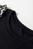 Black Contrast Leopard Ruffled Short Sleeve Ribbed Knit Top
