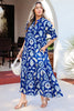 Blue Wild Floral Print Frilled Collar Half Sleeve Long Dress