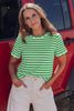 Green Stripe Scalloped Trim Round Neck T Shirt