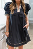 Black Leopard Trim Notched Neck Short Puff Sleeve Shift Mini Dress