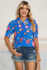 Blue Floral Short Puff Sleeve Button Up Shirt