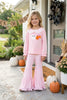 BOO APPLIQUE LONG SLEEVE TOP AND CHEETAH PRINTED BELL BOTTOMS.