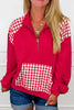 Racing Red Patchwork Plaid Pocket Quarter Zip Sweatshirt