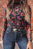 Smoke Gray Floral Print Slim Fit Mesh Long Sleeve Mock Neck Top