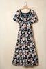 Blue Short Sleeve Smocked Detail High Waist Floral Maxi Dress