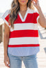 Red Stripe Collar V Neck Cuffed Dolman Short Sleeve Top