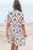 Orange Contrast Palm Tree Printed Short Sleeve Flowy Dress