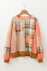 Multicolour Waffle Knit Plaid Patchwork Side Slits Loose Sweatshirt