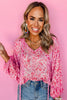 Pink Floral Puff Sleeve Split Neck Lightweight Blouse
