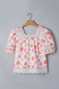 Pink Polka Dot Lace Trim Square Neck Puff Sleeve Blouse