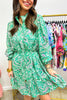 Green Paisley Print Long Sleeve Button Front Tied Waist Mini Dress