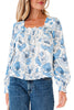 Sky Blue Floral Print Frilly Smocked Square Neck Long Sleeve Blouse