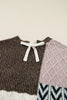 Brown Plus Size Color Block Patchwork Knotted Back Loose Fit Sweater