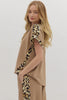 Light French Beige Leopard Trim Round Neck Loose T Shirt