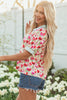 Red Floral Print Striped Patchwork Collared Short Sleeve Blouse