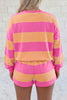 Pink Stripe Long Sleeve Casual Top Drawstring Shorts 2pcs Set