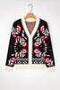 Black Floral Print Buttoned Front V Neck Knit Cardigan