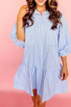 Sky Blue Stripe Bubble Sleeve Chest Pockets Buttoned Shirt Dress